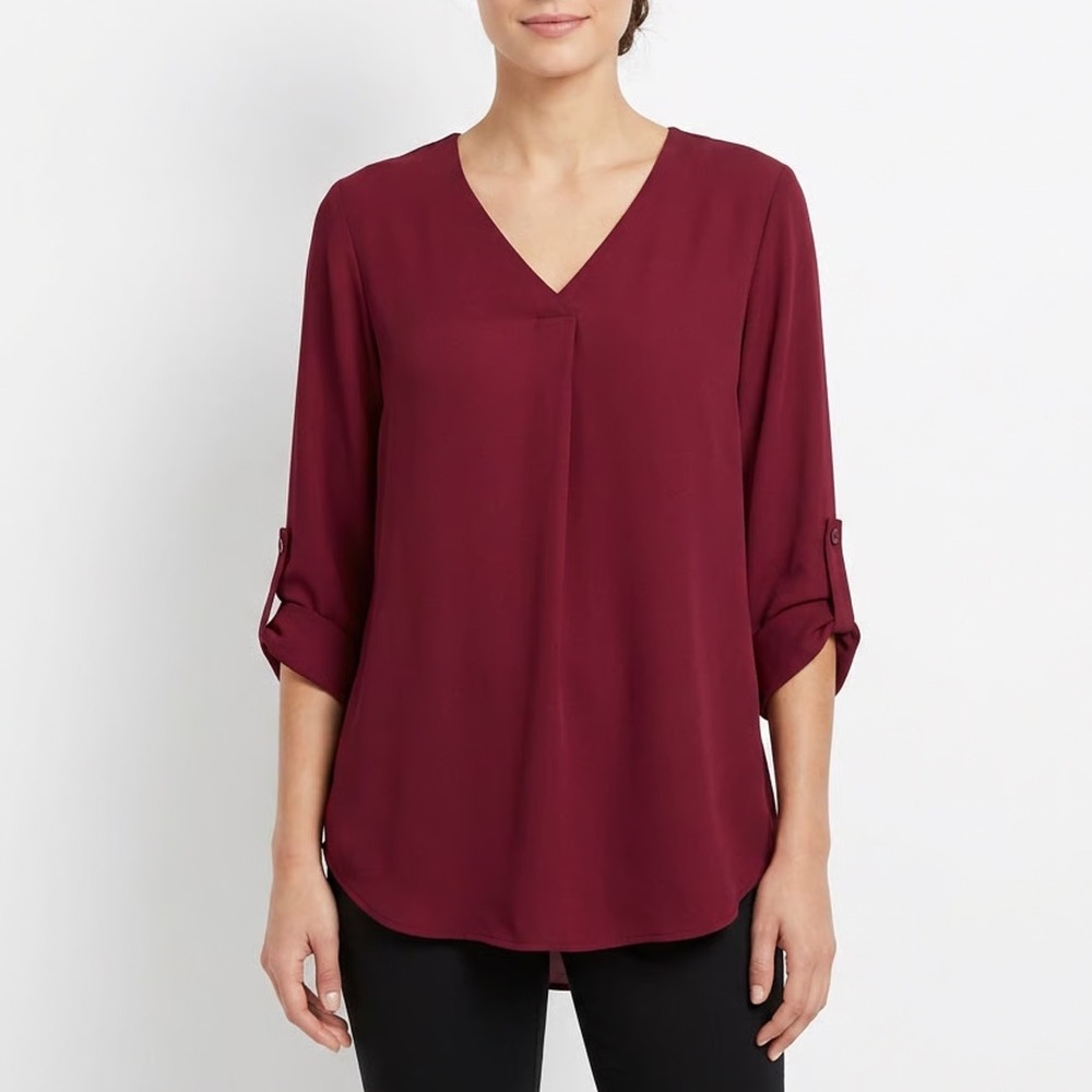 Youtalia Blouse Womens Large Red Roll Tab Sleeve Curved Hem V Neck Pullover